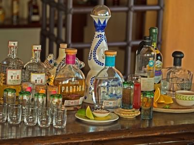 Close-up of various liqueur bottles  at Cala de Mar