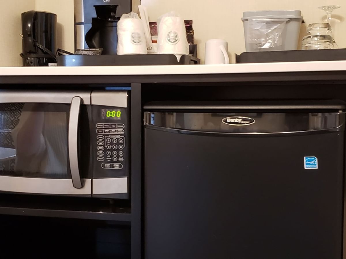 Mini fridge and microwave with coffee station