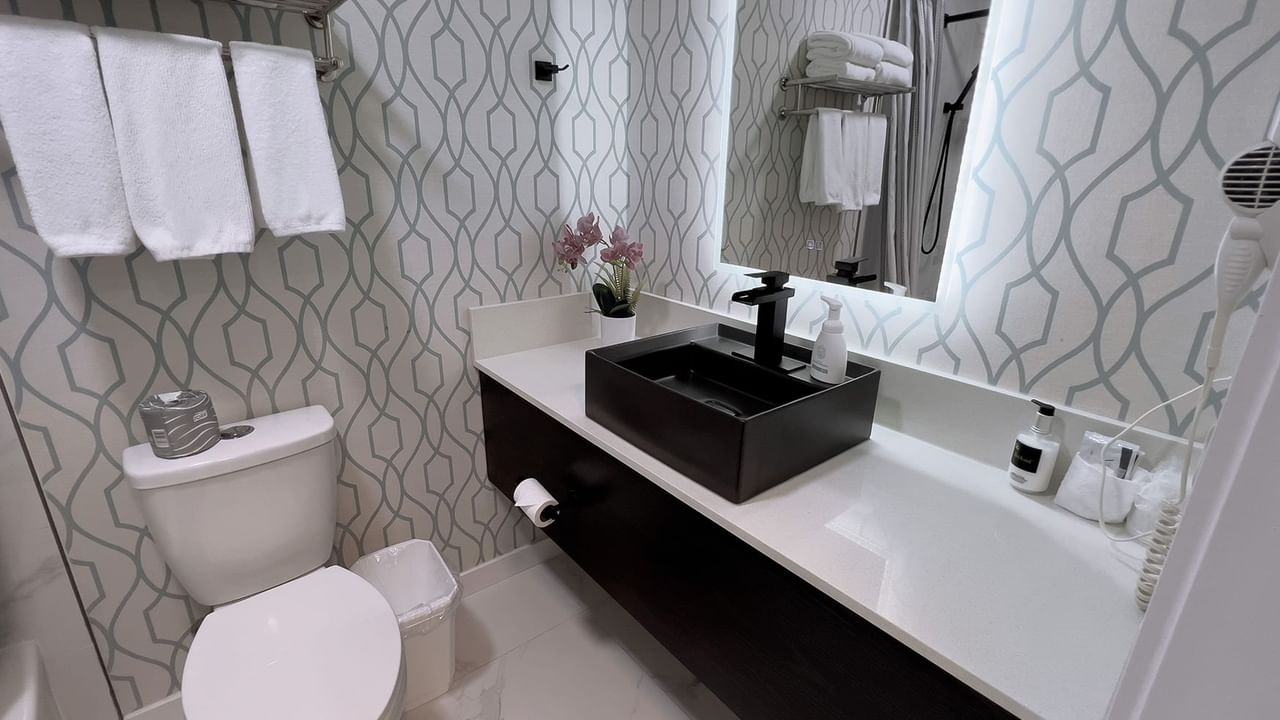 Bathroom with towels, toilet, mirror, sink, hairdryer