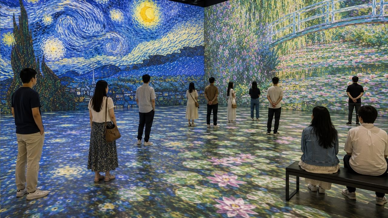 People watching an immersive exhibition of artist Van Gogh and Monet.