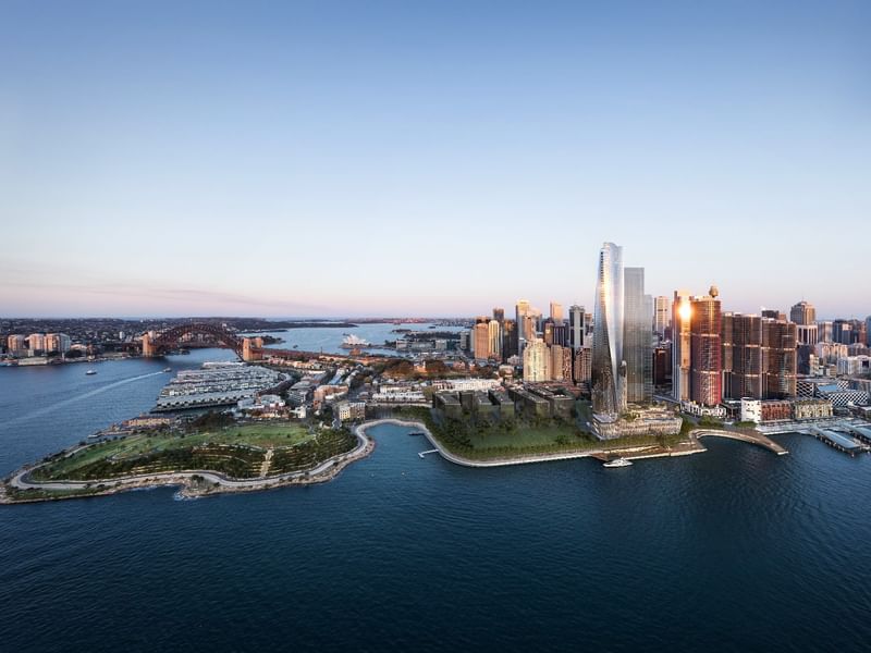 Aerial shot of the city with ocean at Crown Towers Sydney Hotel