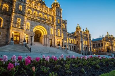 Close-up view of the Parliament Buildings in Victoria BC, a short walk from the Embassy Inn Victoria