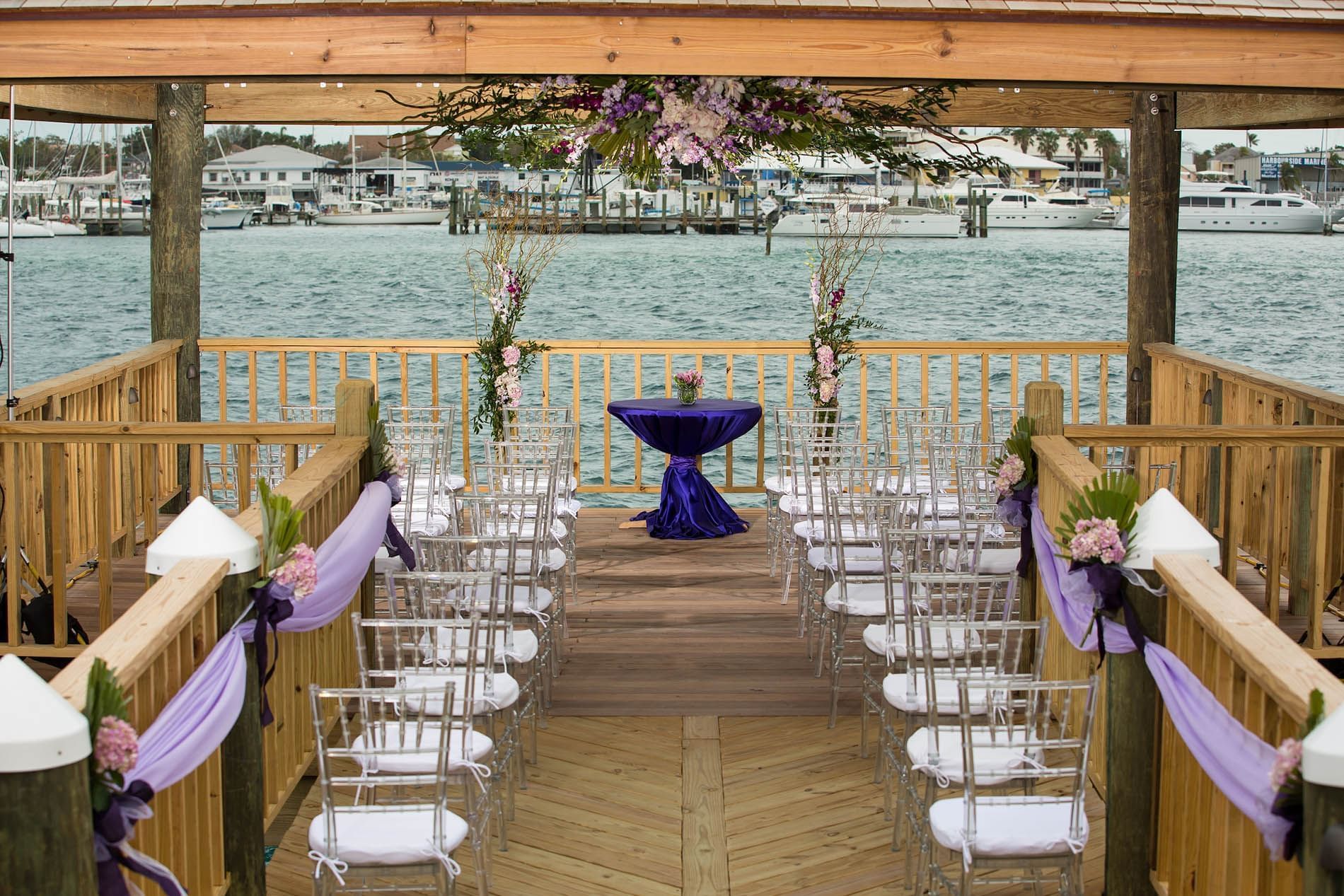 A wooden dock arranged for a wedding at Warwick Paradise Island