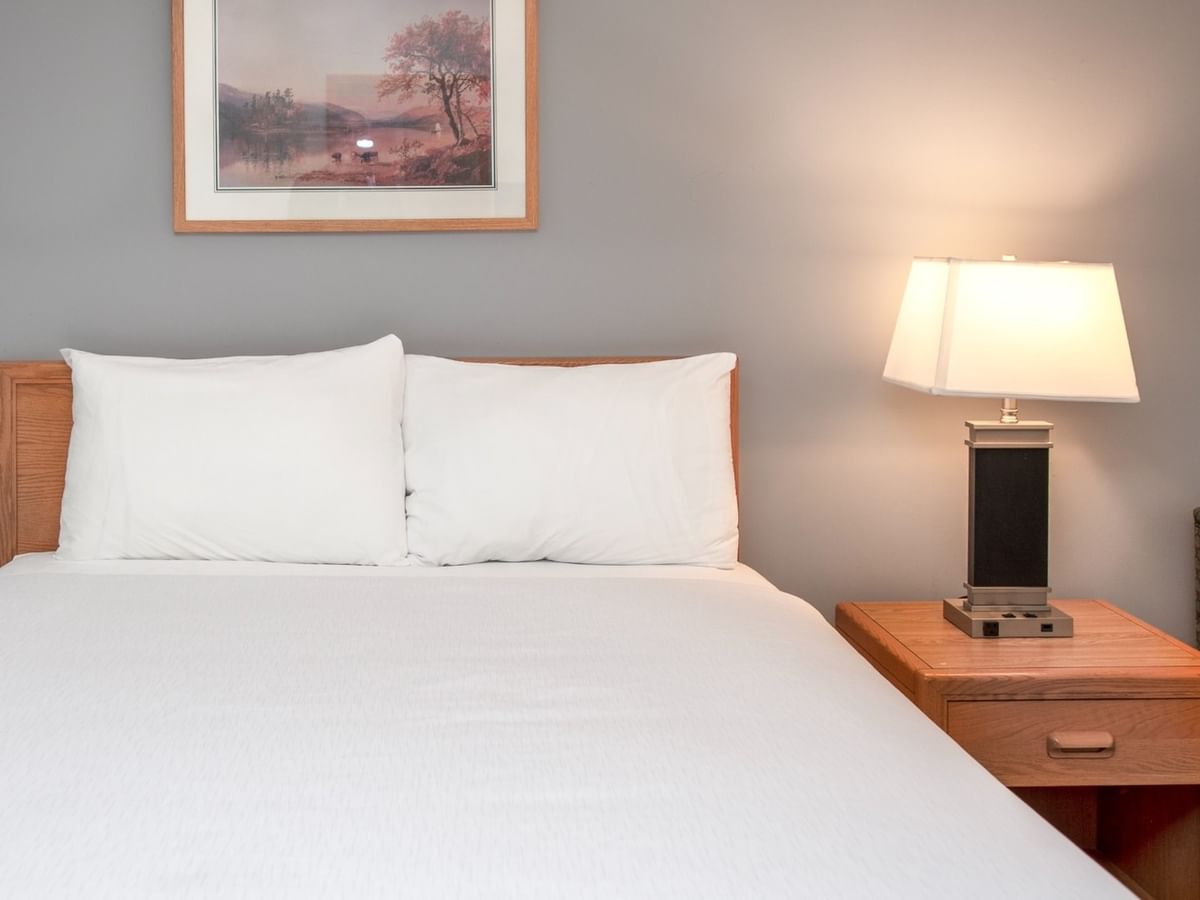 A bedroom with a bed, two pillows, a nightstand with a lamp, and a chair.