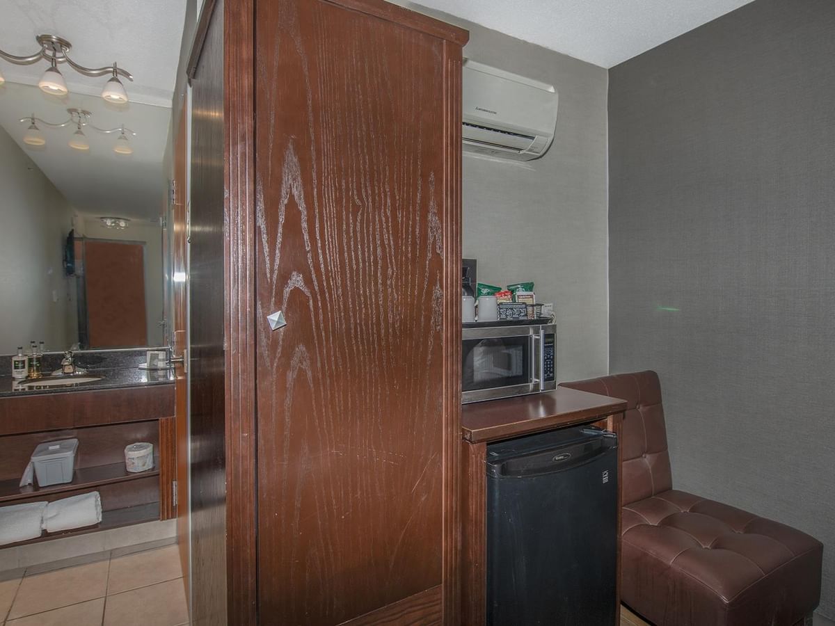 Wooden furniture in a hotel room.