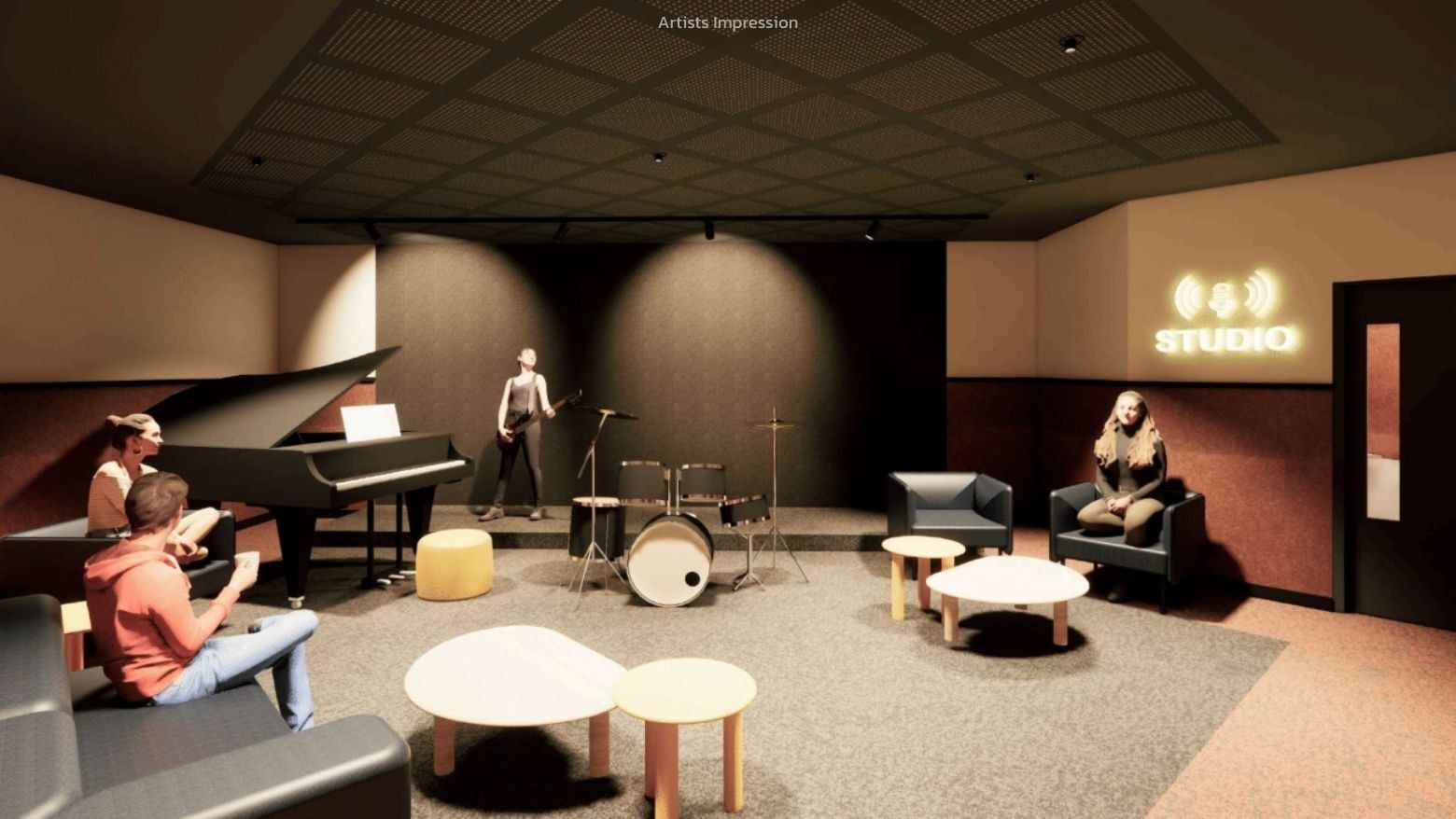 People enjoying music in a cozy lounge area with instruments and a grand piano.