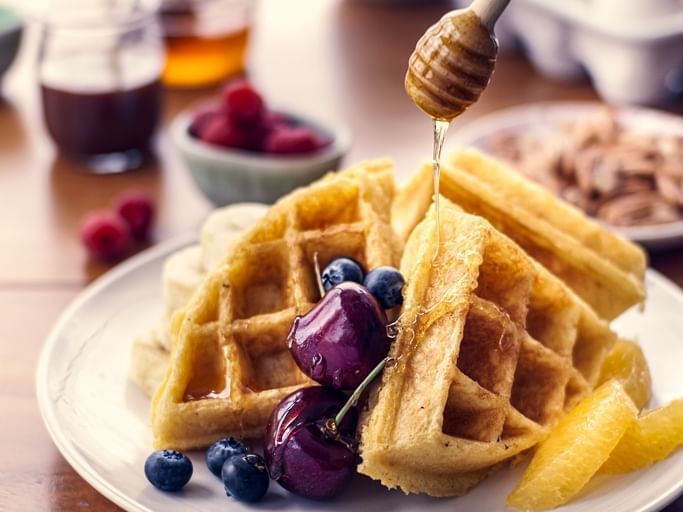 Served Waffle with honey & berries on top of it at One Hotels