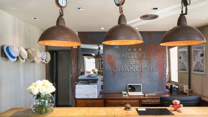 A kitchenette area in a hotel room at Hotel des Orangers