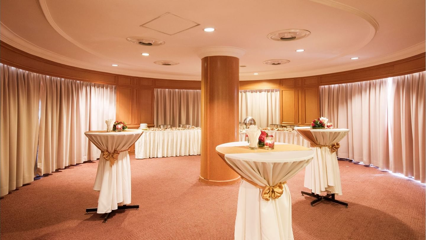 Cocktail tables & refreshments corner arranged in an Event space at Sunway Hotel Phnom Penh