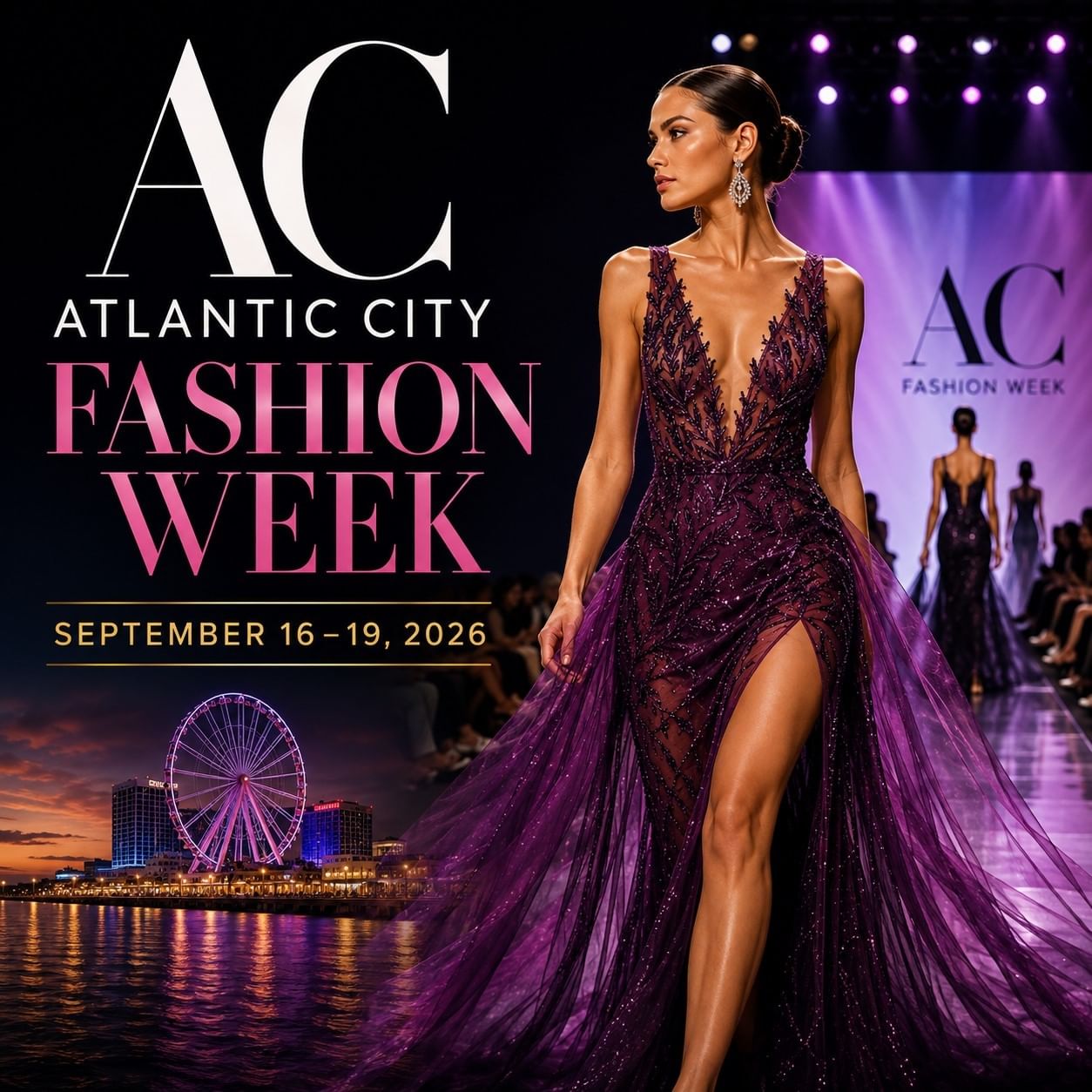 Model in a sparkling purple gown walks the runway at Atlantic City Fashion Week with illuminated stage and audience.