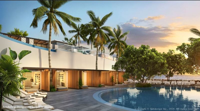 Outdoor pool area at The Diplomat Resort, featuring cabanas, lounge chairs, and palm trees