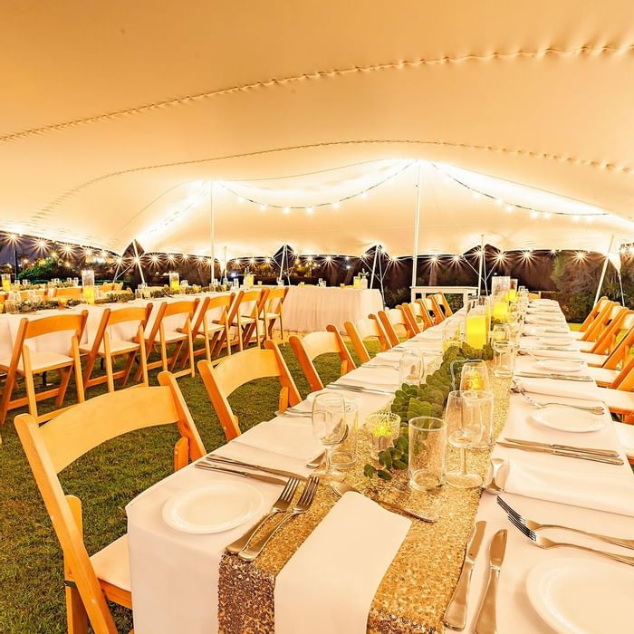 Table arrangement under a tent for wedding ceremony at Mercure Hotel Townsville