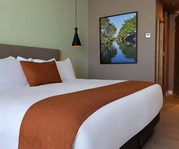 King bed with throw blanket and black pendant light near nature wall art in modern guest room at Hotel B3 Sibelius