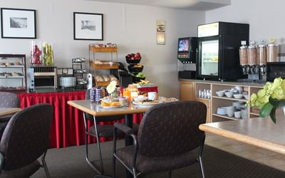 Buffet area arranged in a dining area at Fort McMurray Hotels