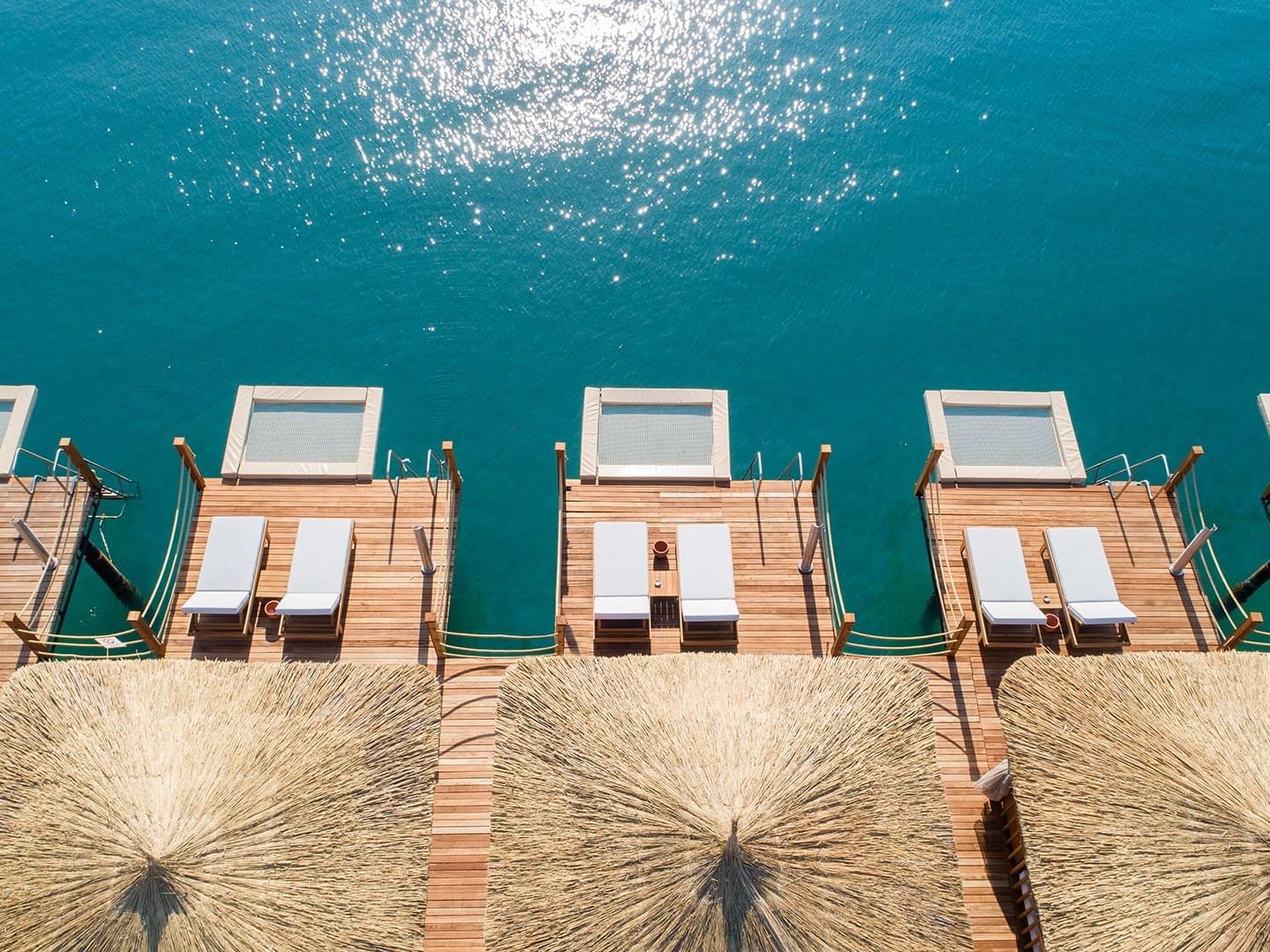 Aerial view of Pier Cabanas and sun beds by Lara Beach near Titanic Deluxe Lara