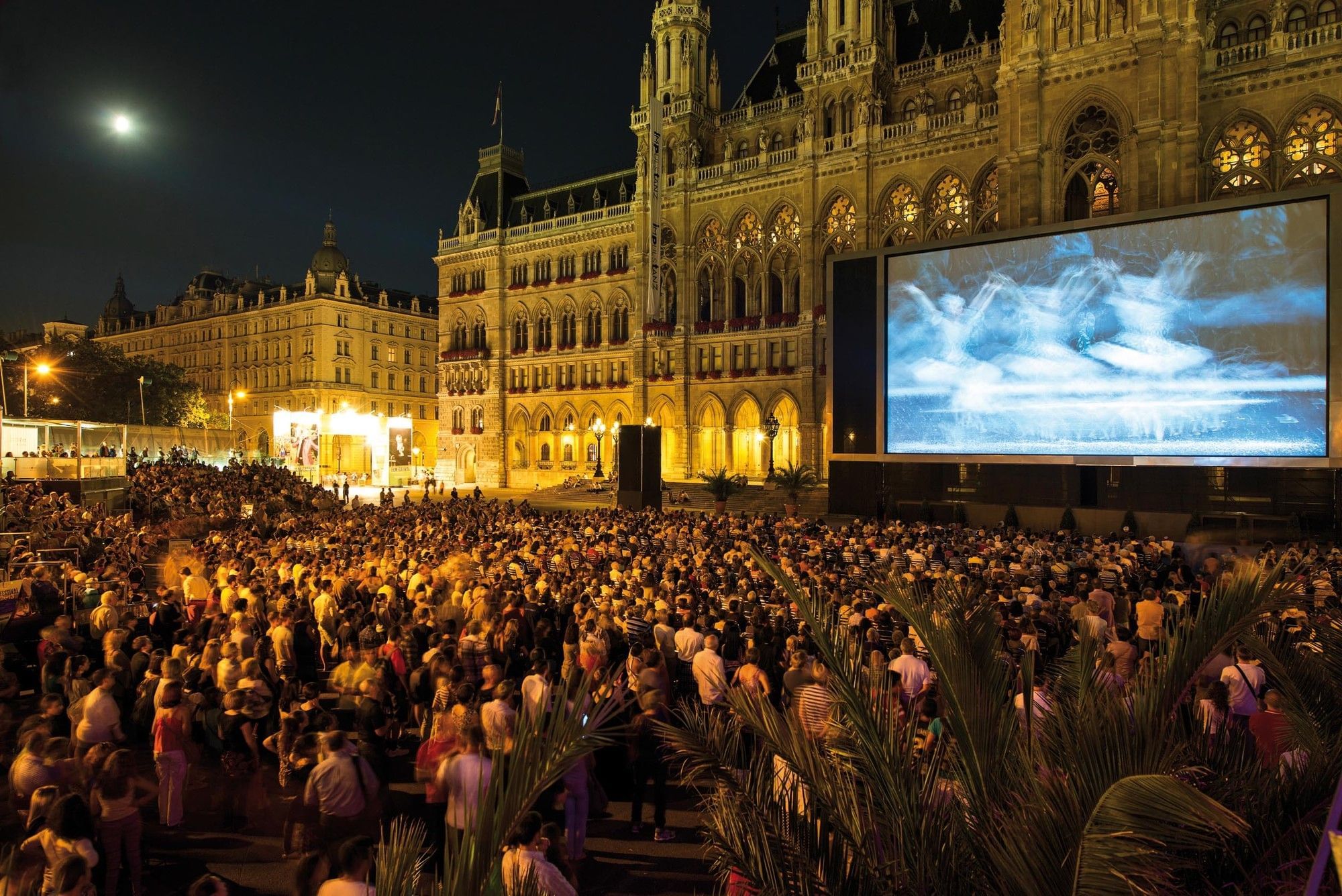 Filmfestival am Wiener Rathausplatz bei Nacht mit großer Leinwand, beleuchtetem Rathaus und dichtem Publikum vor der Open Air Bühne.