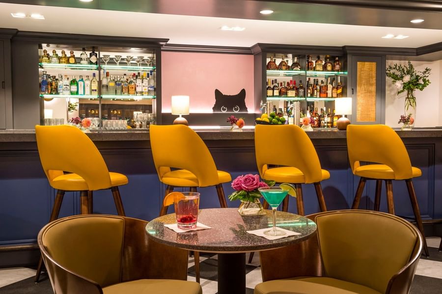 Yellow chairs by a round table with cocktails under a bar with a cat silhouette at Warwick Denver