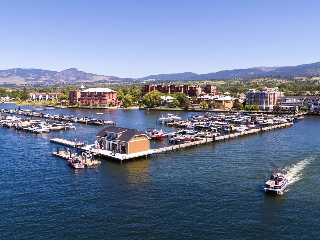 Aerial view of Manteo Resort Waterfront by the docks