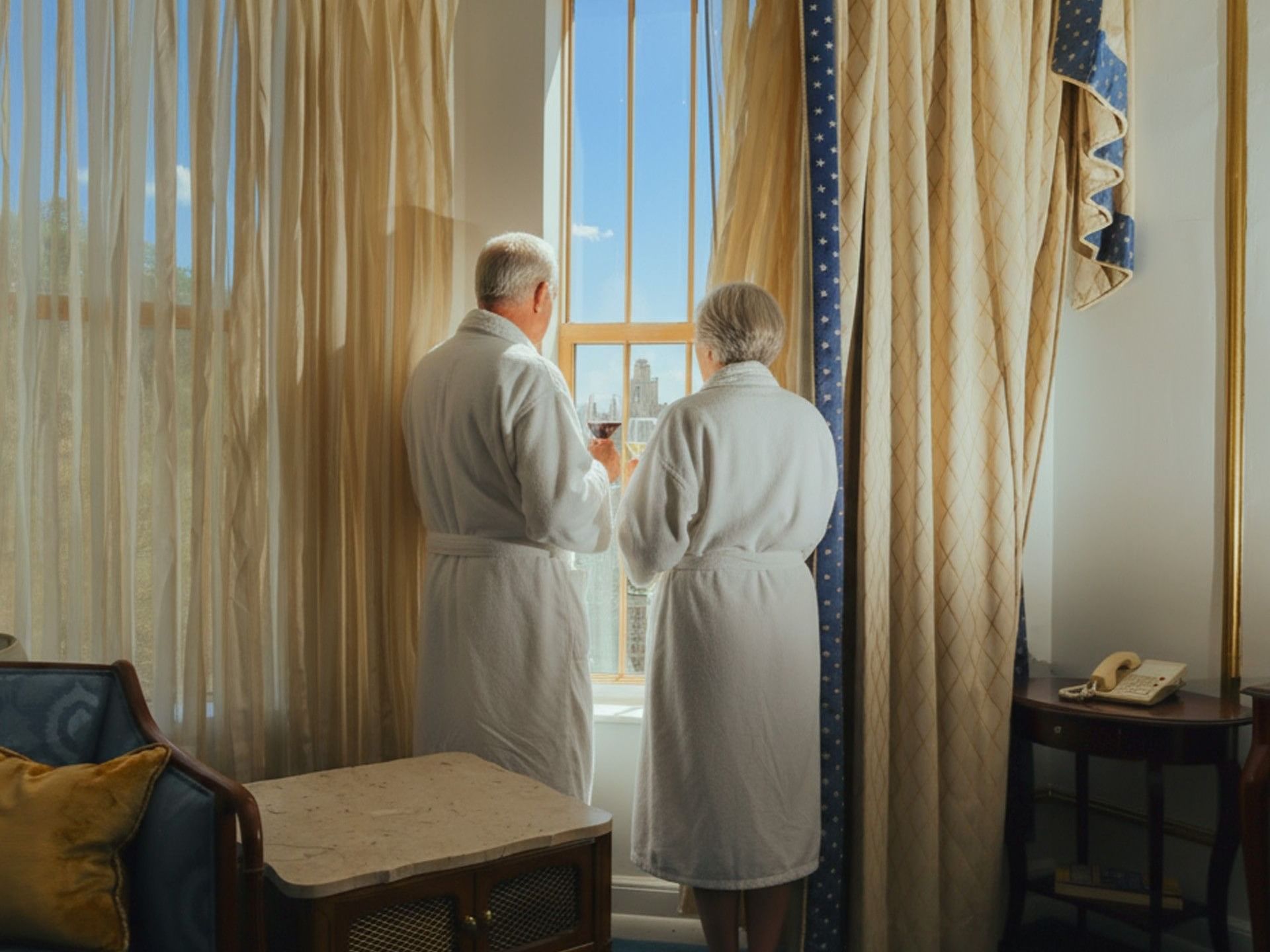 Romantic couple in robes enjoying champagne and chocolates on a plush bed at Arlington Resort Hotel & Spa