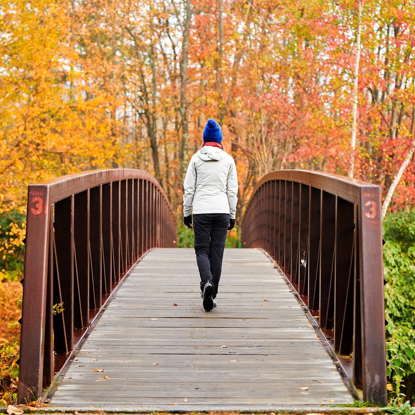 A person in a blue hat walks across a bridge with autumnal trees in the background.