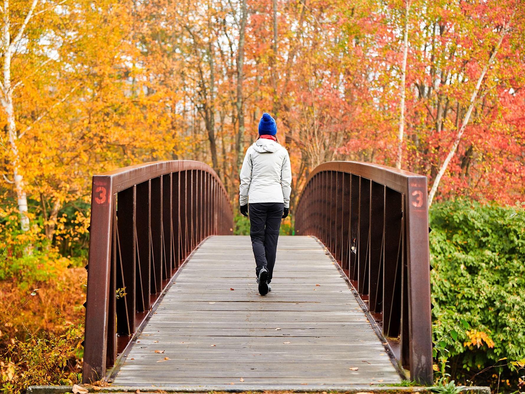 Runner on a bridge with colorful fall foliage in the background.