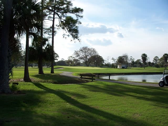 A serene golf course with lush green grass, trees, a pond, and a golf cart.