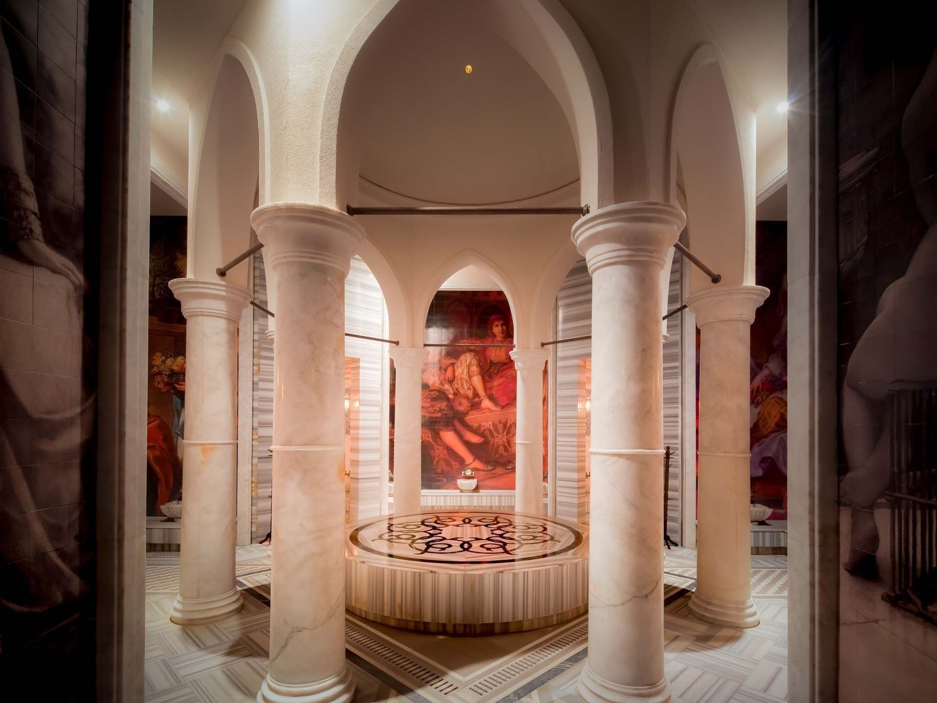Turkish Bath area with marble columns and arches at Titanic Deluxe Golf Belek