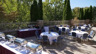 Banquet tables arranged on the Terrace at Music Road Resort