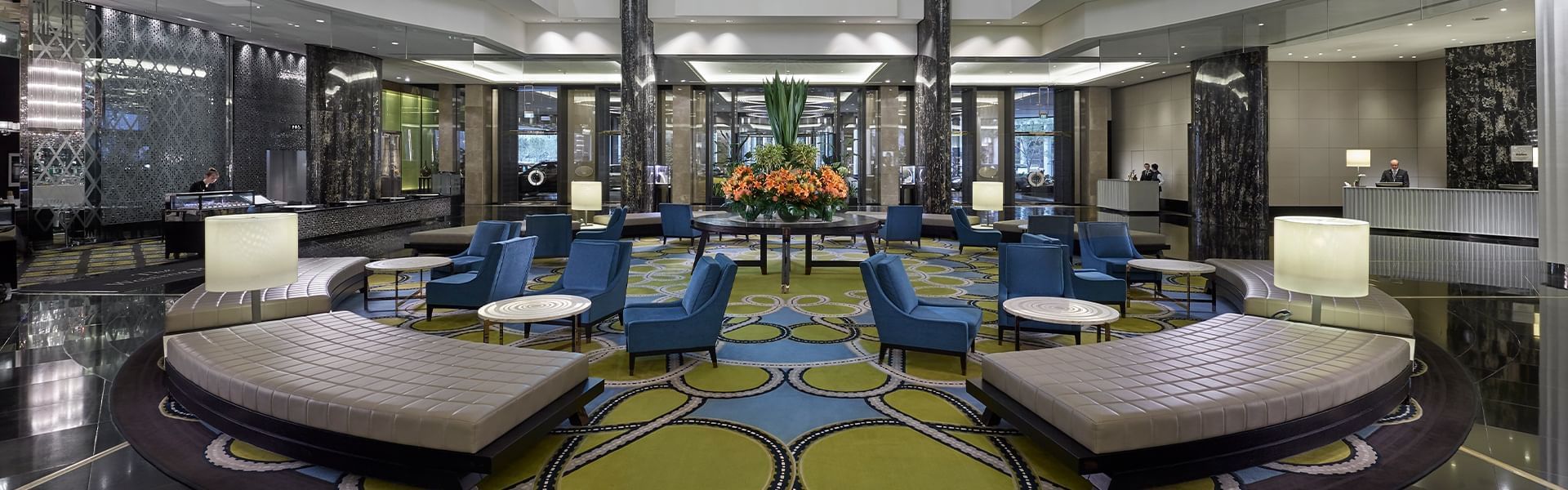 Interior of the lobby lounge and waiting area at Crown Hotels