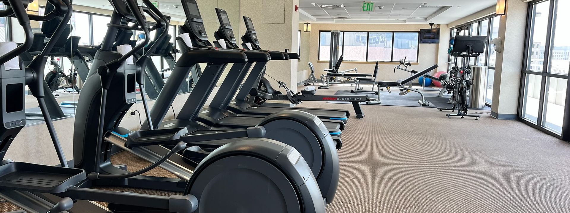 Row of treadmills by a mirror under a tiled ceiling near gym equipment at Warwick Denver