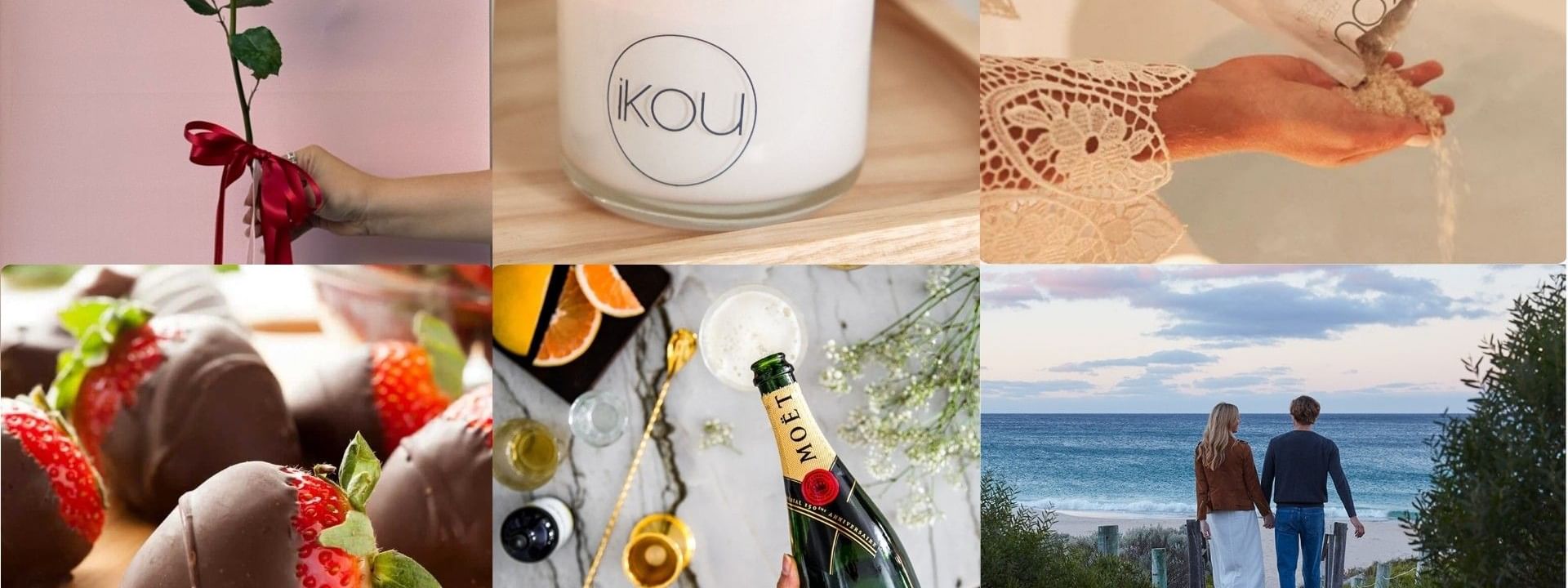 Collage of luxury items and beach scene promoting the Valentine's Day Romance Collection offer School Holidays Program.