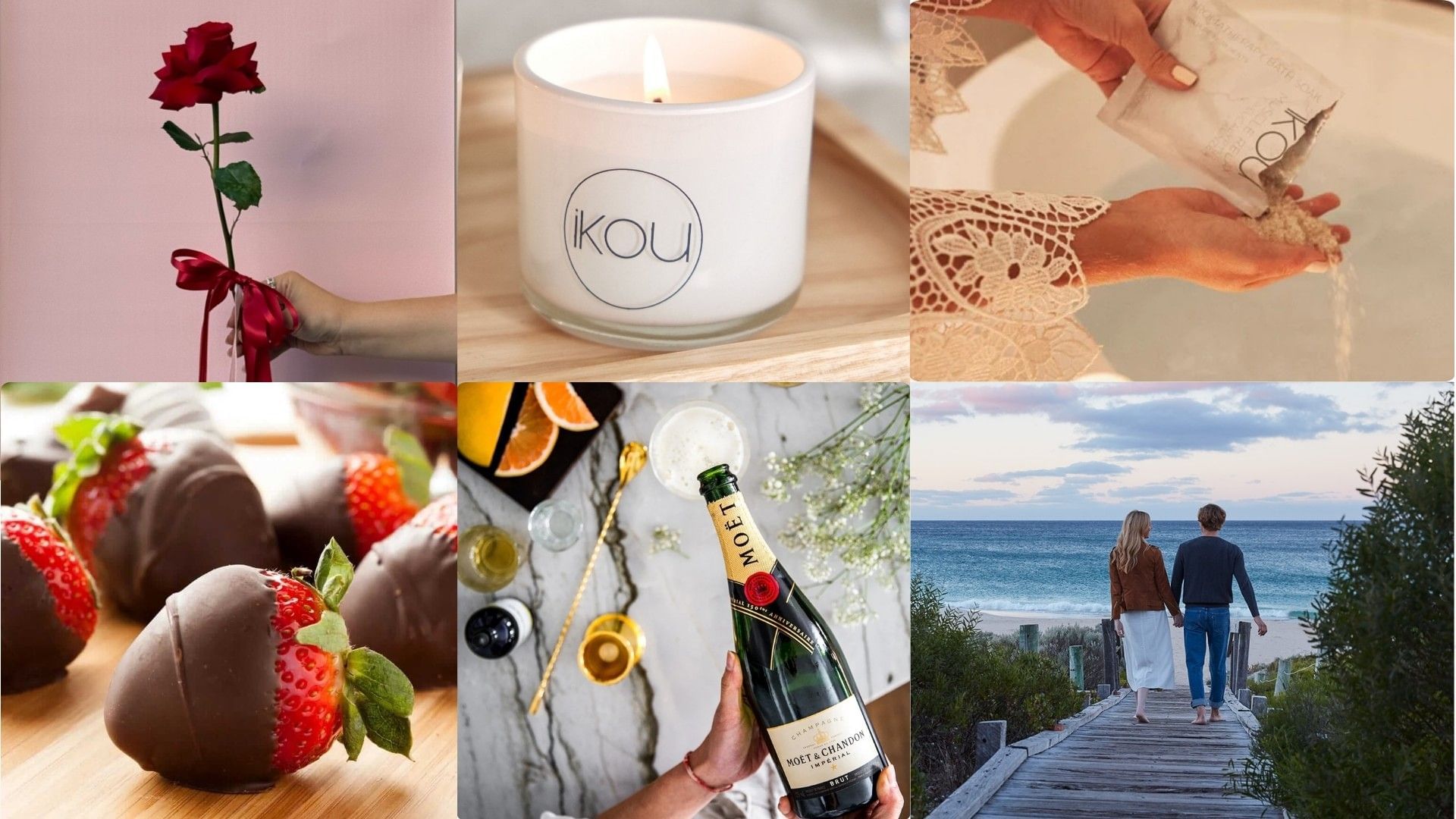 Collage of luxury items and beach scene promoting the Valentine's Day Romance Collection offer School Holidays Program.