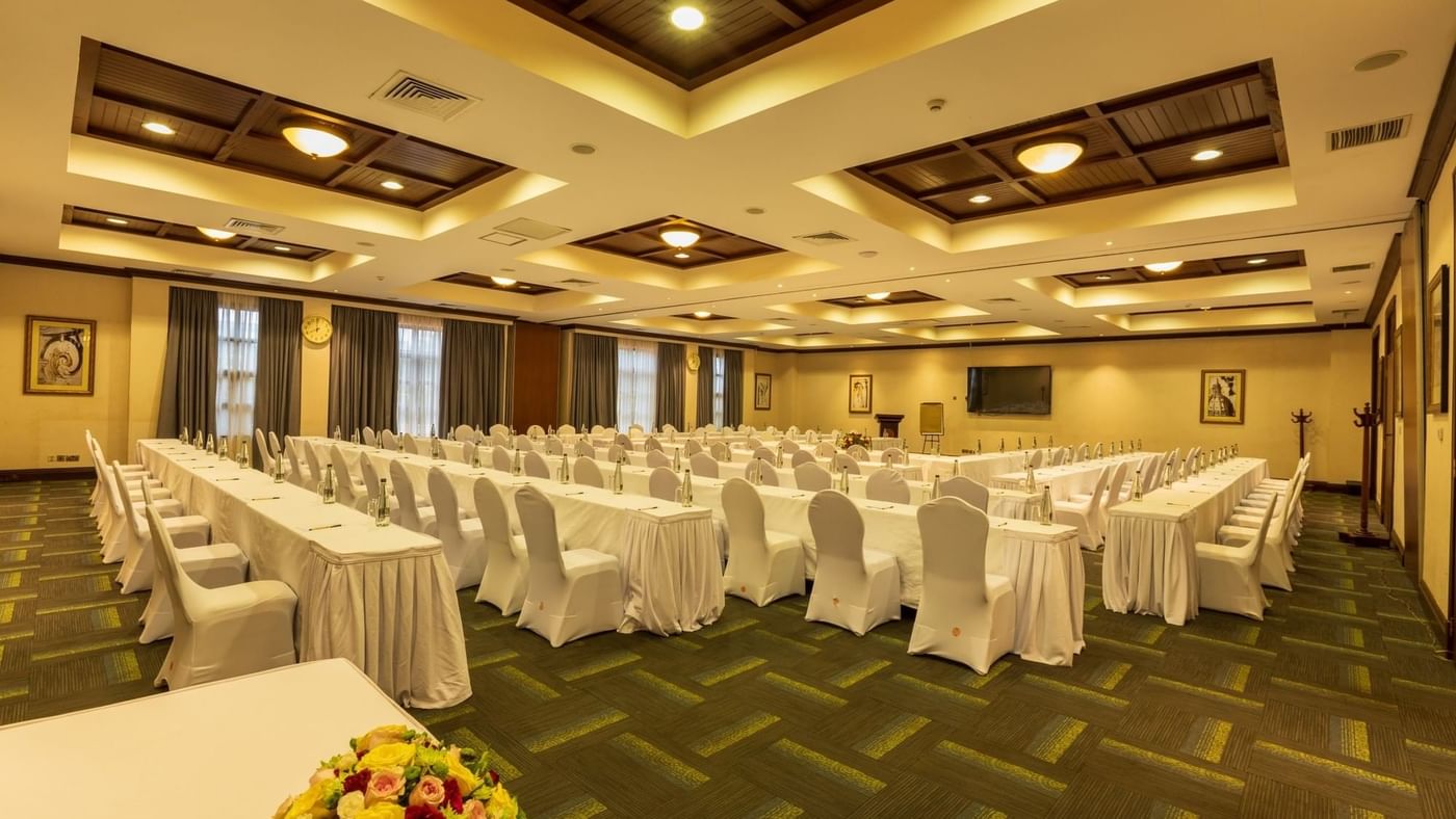 Kalangala event room with arranged chairs and tables at Lake Victoria Serena Golf Resort & Spa in Kampala.