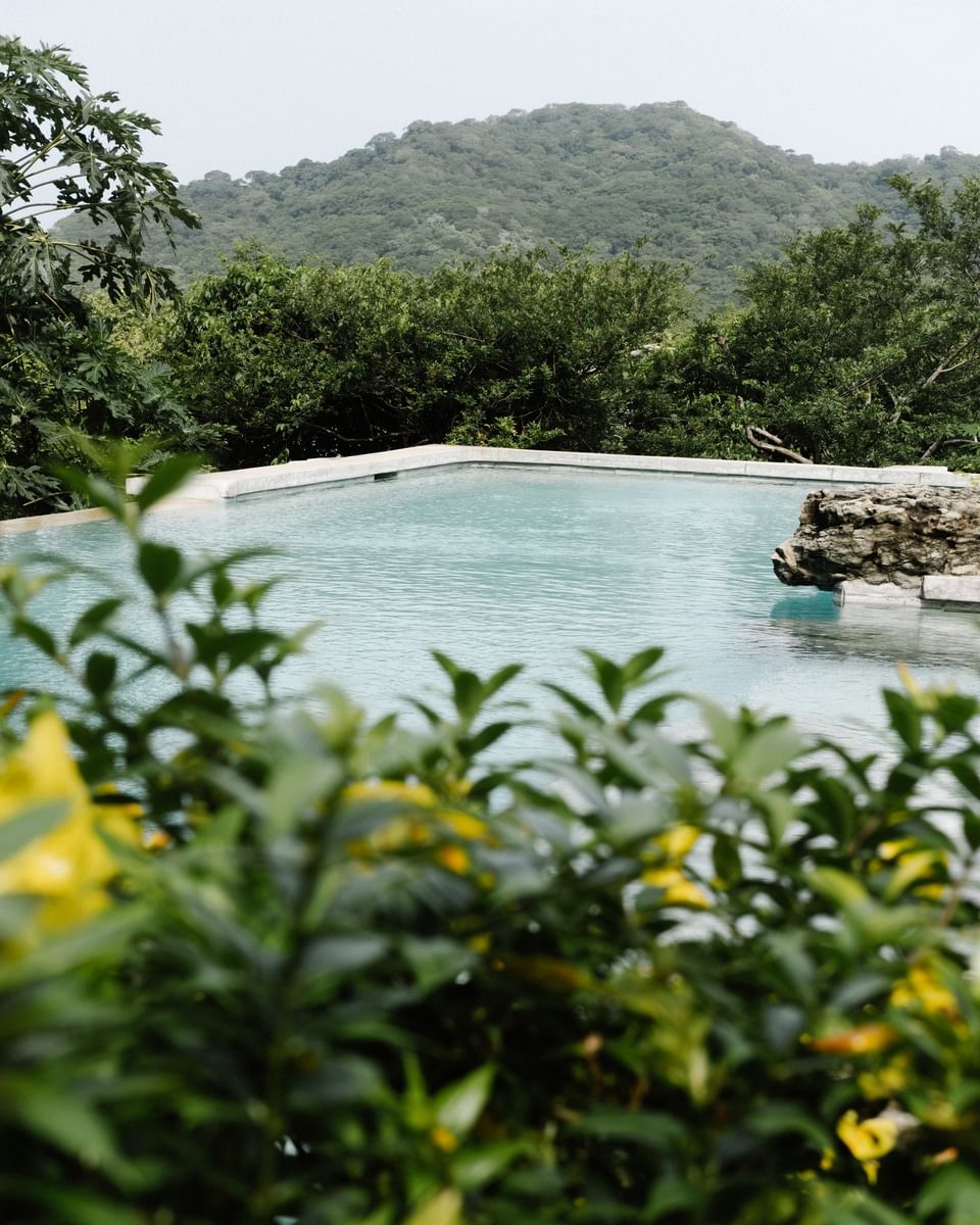 Clear blue infinity pool at Morgan\'s Rock Reserve & Ecolodge overlooking dense tropical forest, a top eco hotel in Nicaragua