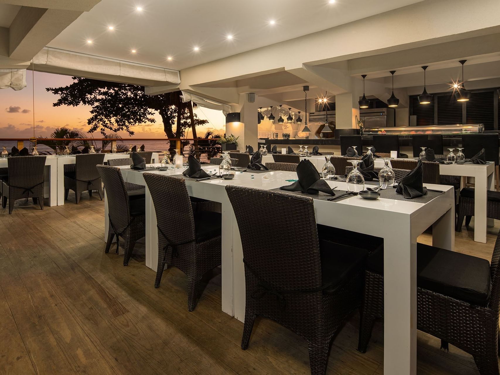 Arranged dining area in Umi Restaurant at Sugar Bay Barbados