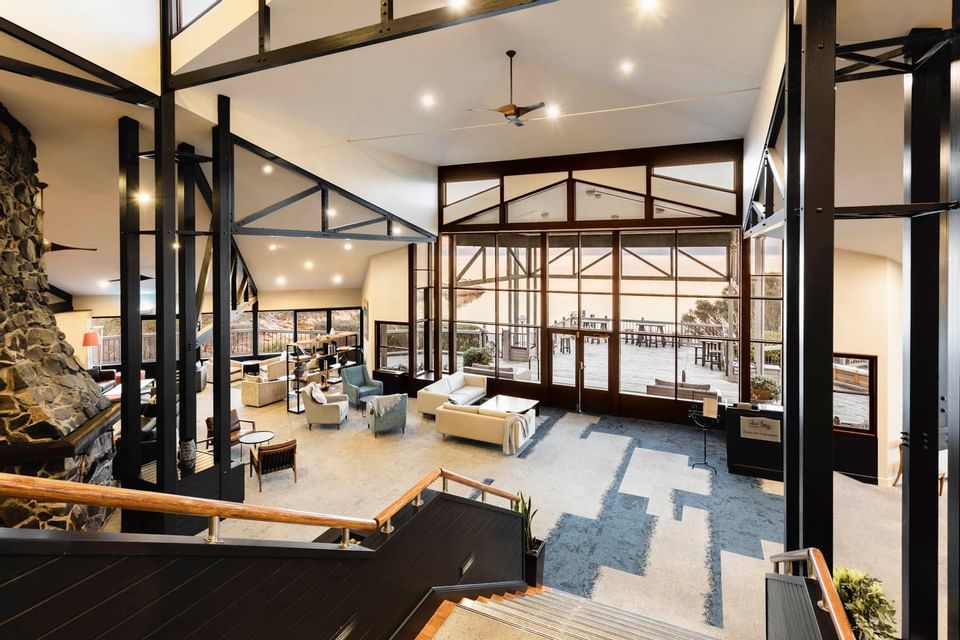 Main lobby area with the stairs at Freycinet Lodge