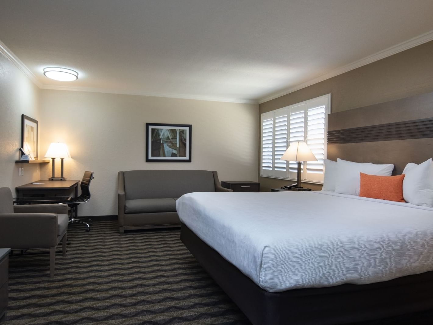 a bed, couch, and desk in a hotel room