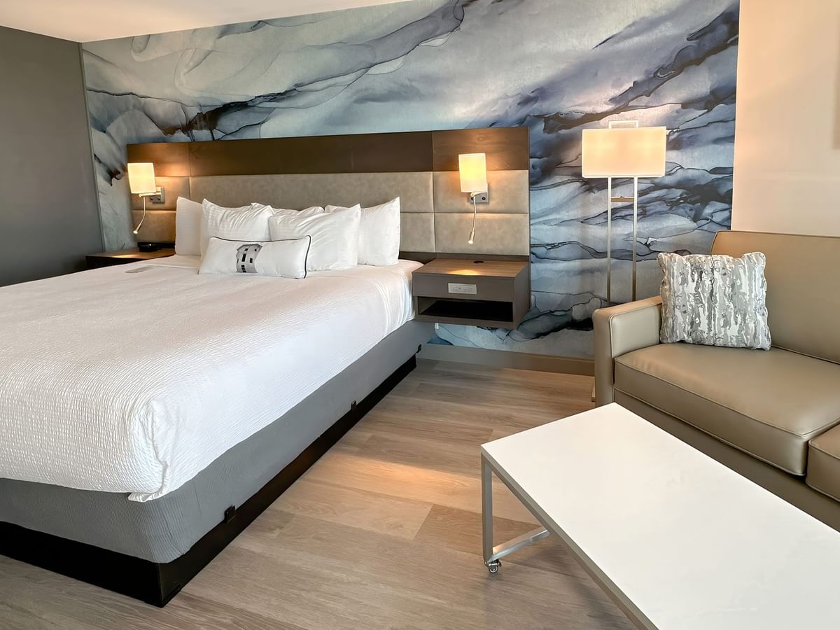 Hotel guestroom with King bed and a blue wall mural
