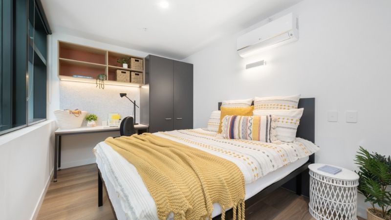 A studio bedroom with a bed, desk, cabinet, air conditioner, and plants.
