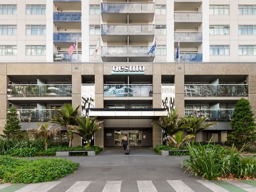 Exterior of the building and main entrance to the Nesuto Stadium Hotel and Apartments