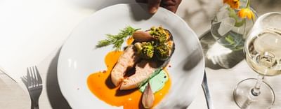 Salmon dish with veggies and sauce, served with white wine on a table at The Saujana Hotel Kuala Lumpur