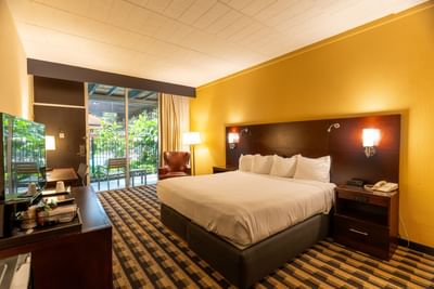 Balcony area & king bed in Deluxe Courtyard King with Jacuzzi Tub at M Hotel Buffalo