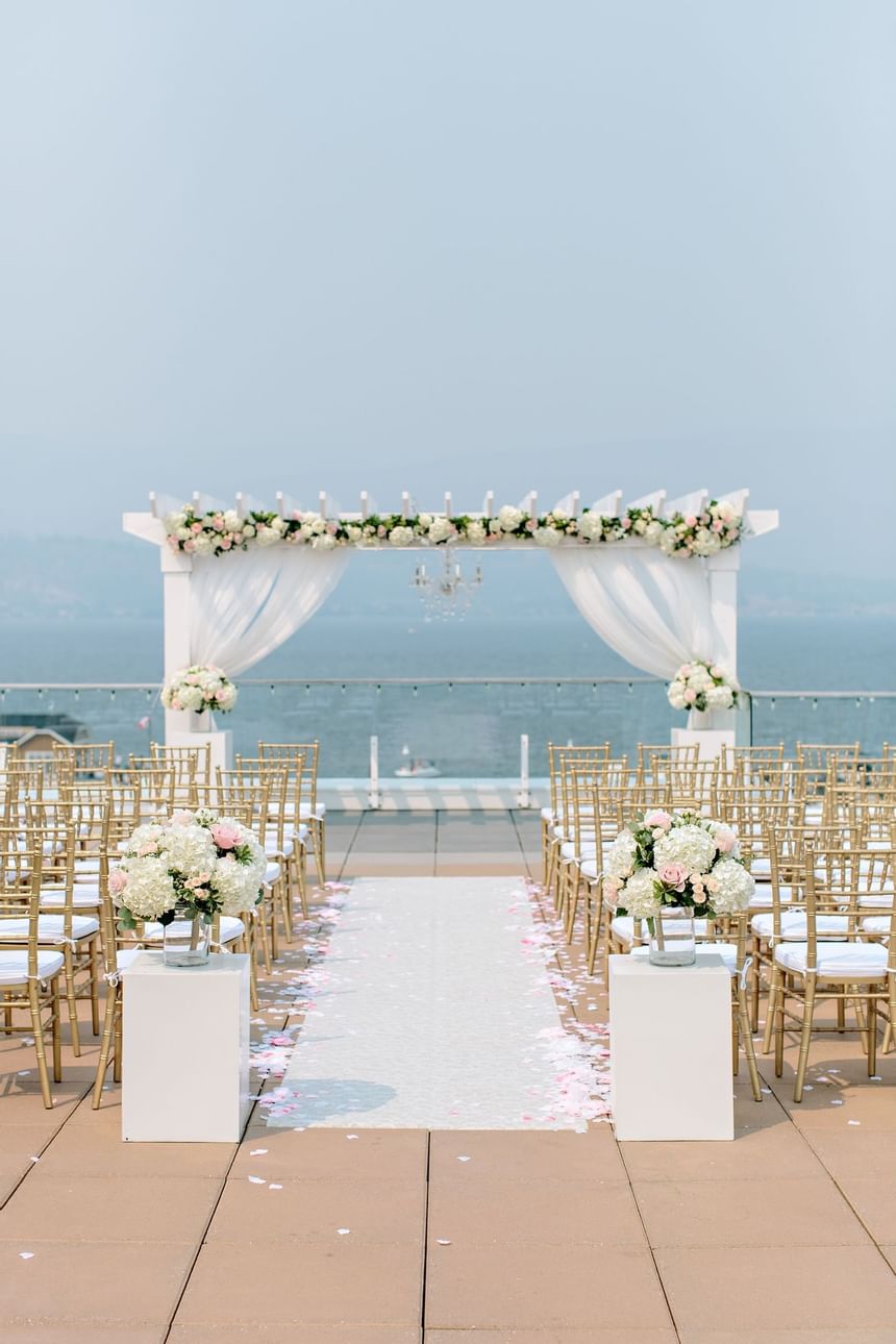 A wedding ceremony arrangement with a lake view, Hotel Eldorado