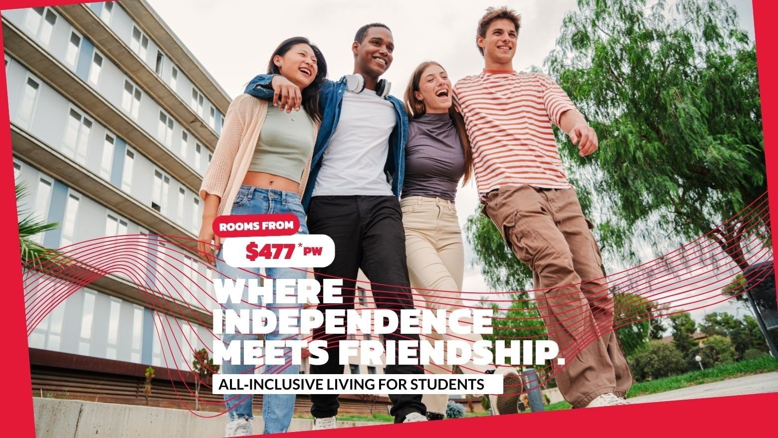 Four happy students jumping outside a building, advertising Mayoral Drive Student Accommodation.
