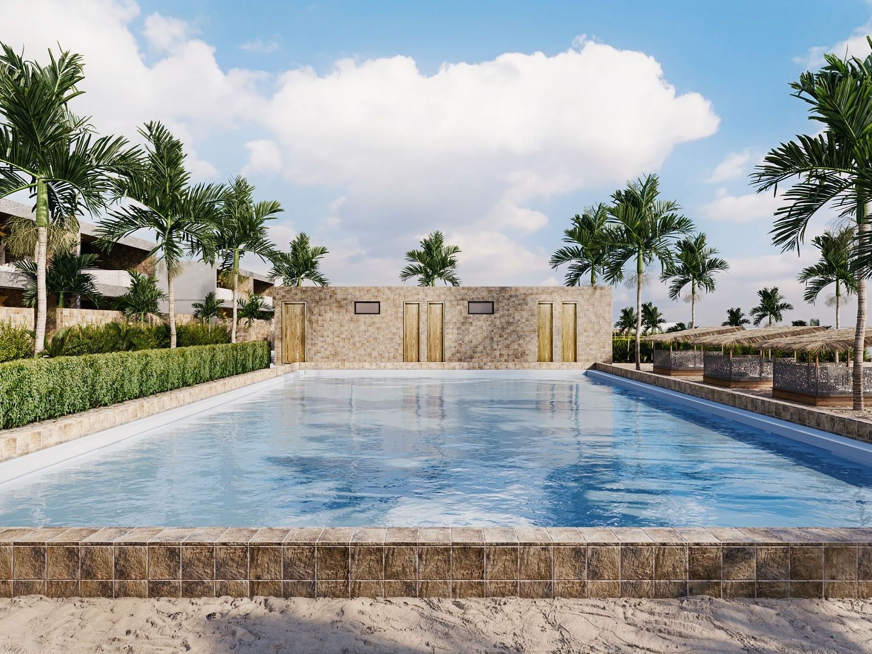 3D render of a resort with a large pool, palm trees, and a blue sky with clouds.