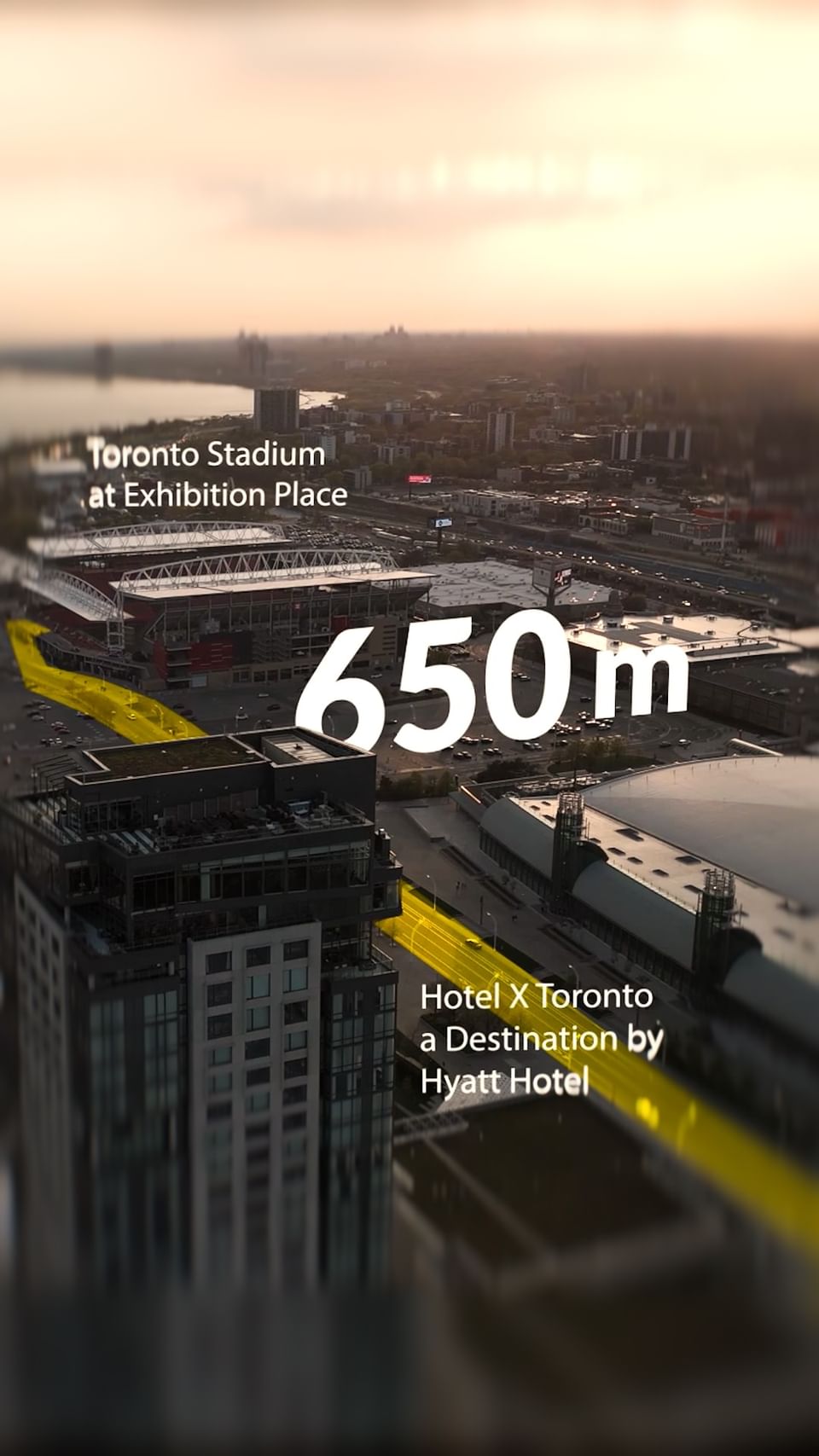 Aerial view labeling Toronto Stadium 650m from Hotel X Toronto, a Destination by Hyatt Hotel