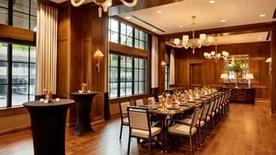 Large meeting table & Pod tables in Clancy Room, Townsend Hotel