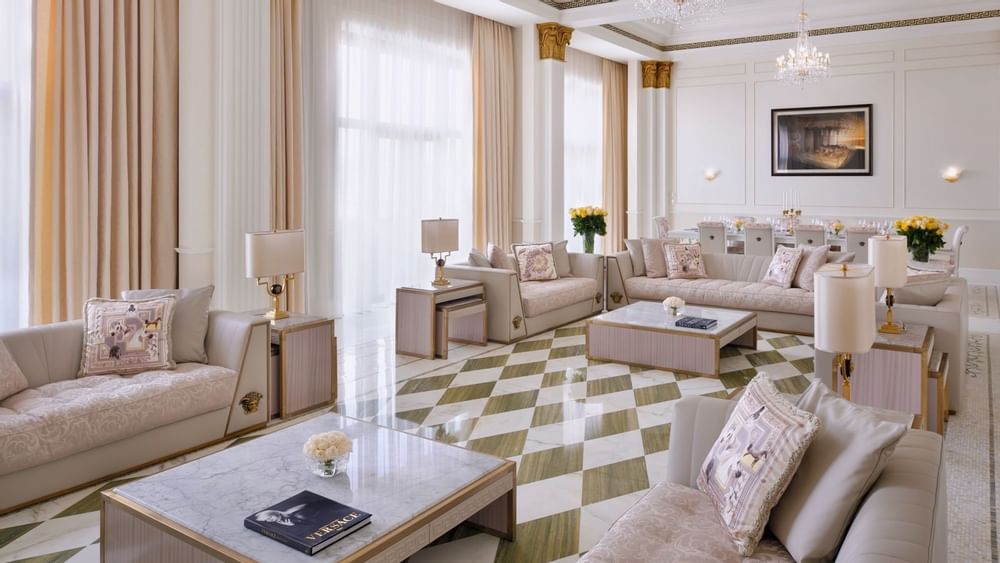 Living area in modern Imperial Suites at Palazzo Versace Dubai