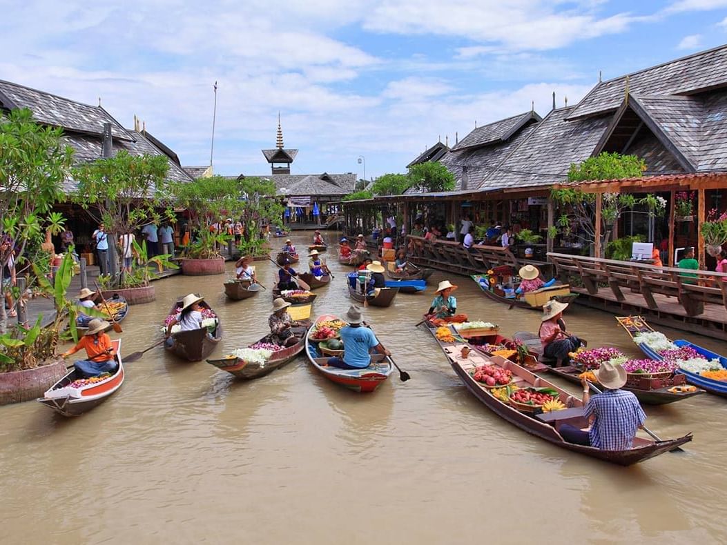 Boats in Pattaya Floating Market near U Hotels & Resorts
