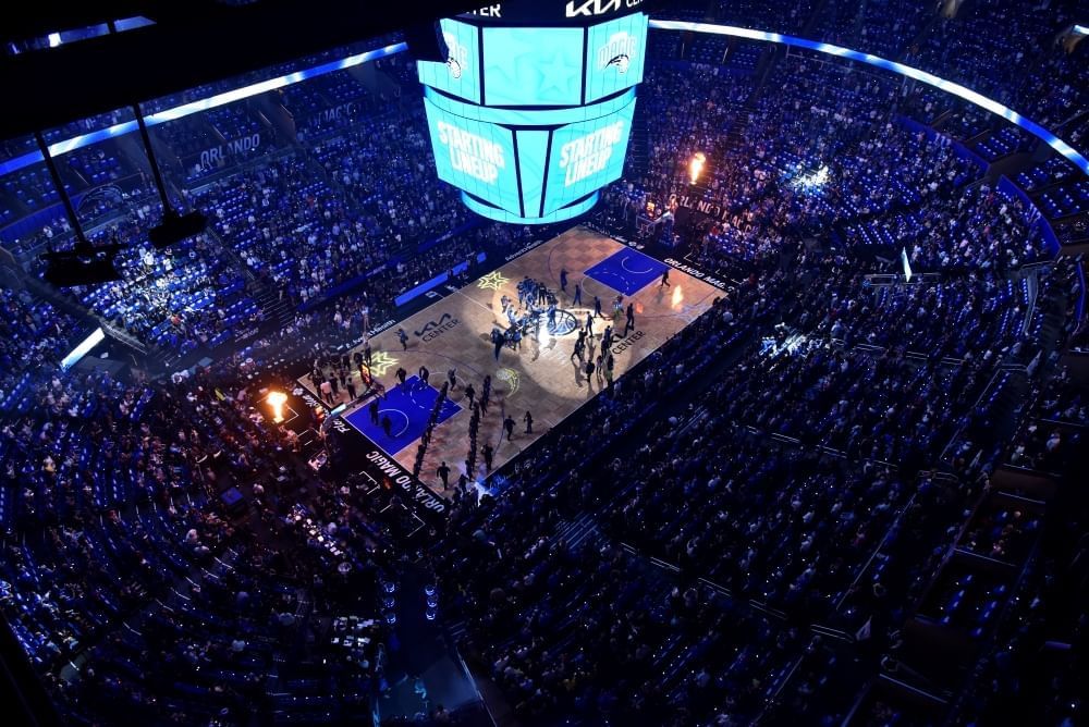 An aerial view of the Orlando Magic court during a game. 